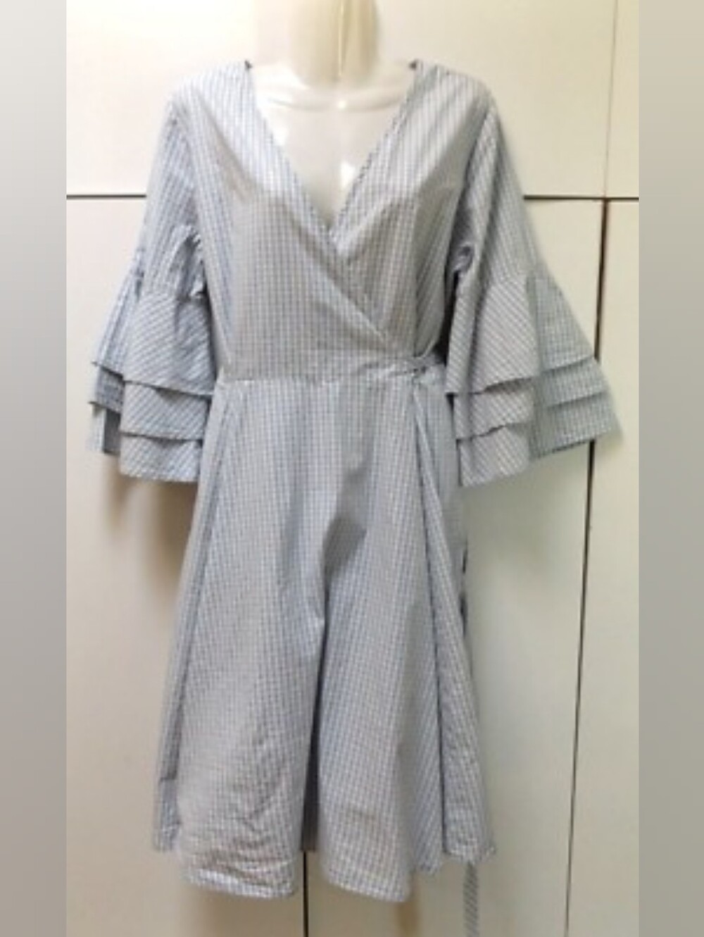 Calvin Klein Light Blue and White Gingham Wrap Dress
